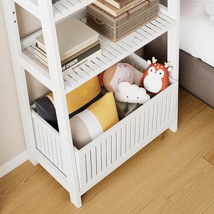 Bamjoy Bamboo White Bookshelf with Slatted Basket, Ladder Bookcase with 4 Display Shelves and 1 Open Storage Basket, Multifunctional Storage Rack Organizer for Home Office, Bedroom, Living Room, 66” H