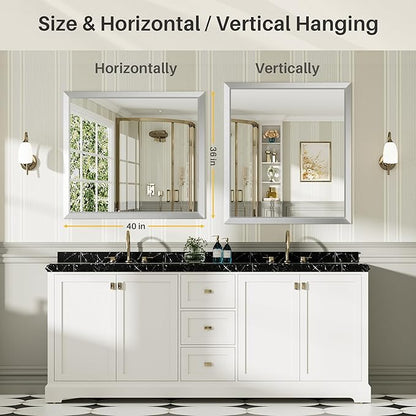 40x36 Inch Silver Bathroom Mirror for Wall, Thick Metal Framed Rectangle Mirrors for Over Sink, Bedroom, Living Room, Entryway, Anti-Rust, HD Tempered Glass