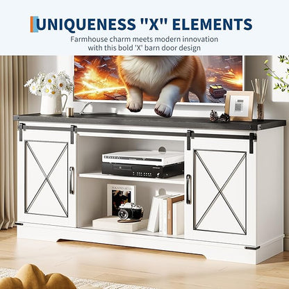 GarveeHome Farmhouse TV Stand for TV up to 65 Inches and Entertainment Center with Sliding Barn Doors and Adjustable Shelf, Tv Media Console Table with Storage Cabinet for Living Room, Bedroom, White