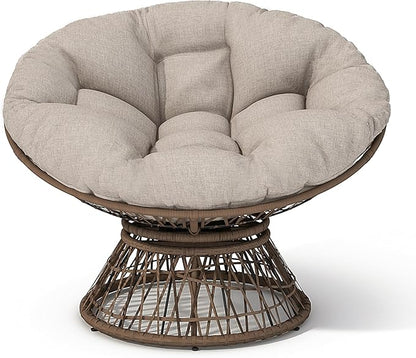 Ball & Cast Ergonomic Wicker Chair with Cloud Thick Density Fabric Cushion,Accent Chair W/ 360 Degree Swivel,Sturdy Metal Frame,Height Adjustable,for Reading,Living Room Bedroom,Lounge,Brown+Beige
