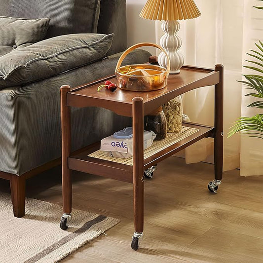 Rattan Side Table with Wheels, Small End Table with Storage, Narrow Wooden Bed Side Table for Living Room, Modern Slim Sofa Nightstand, 23.43" W*12.99" D*19.69" H, (Walnut)