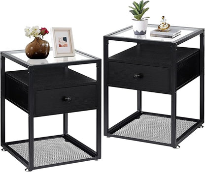 VECELO End Table, Modern Nightstand with Drawer, Night Stand Set of 2 for Bedroom Living Room,Tempered Glass