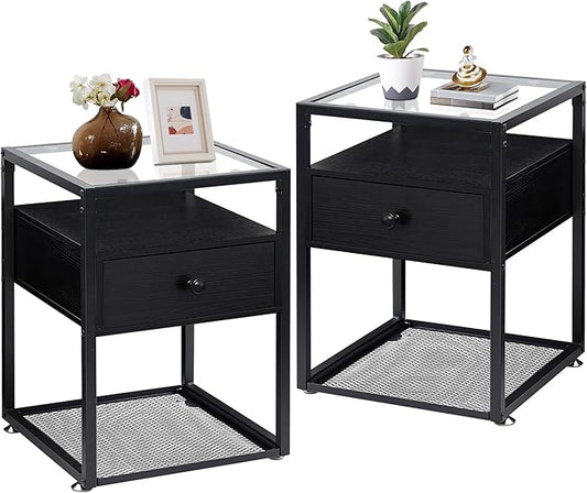 VECELO End Table, Modern Nightstand with Drawer, Night Stand Set of 2 for Bedroom Living Room,Tempered Glass