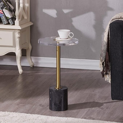 LIKENOW Furniture Acrylic Side Table,Clear Small Round End Table for Living Room,Bedroom,Office | Modern Nightstand with Marble Base,Gold Post,Clear Top for Drink,Food,Snack,Assembly(Black)