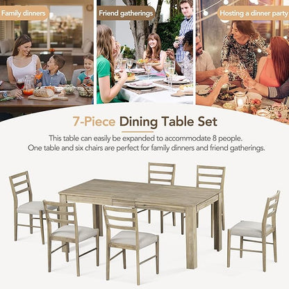 7-Piece Wooden Dining Set with Mutifunctional Extendable Table 12" Leaf and 2 Drawers,Rubber Wood Structure W/ 6 Soft Cushion Chairs,for Dining Room,Natural Wood Wash