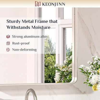 Keonjinn 55 x 30 Brushed Nickel Bathroom Vanity Mirror, Large Rounded Rectangle Bathroom Mirrors for over Sink, Metal Framed Silver Mirror for Wall, Shatterproof HD Tempered Glass(Horizontal/Vertical)