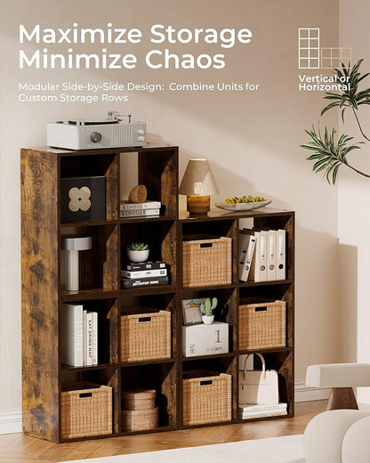 GTPLAYER 8-Cube Storage Organizer, Fits 11" Bins, Vertical or Horizontal Use, Opening Bookshelf, Partial Back Panels, Stackable Design Bookcase, for Living Room, Media Console, Hallway, Rustic Brown
