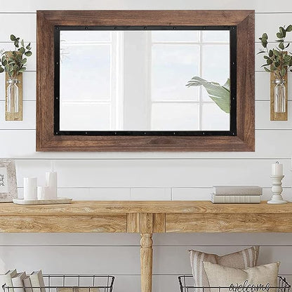 YOSHOOT Rustic Wooden Framed Wall Mirror, 48"x30", Natural Wood and Iron Bathroom Vanity Mirror for Farmhouse Decor, Vertical or Horizontal Hanging