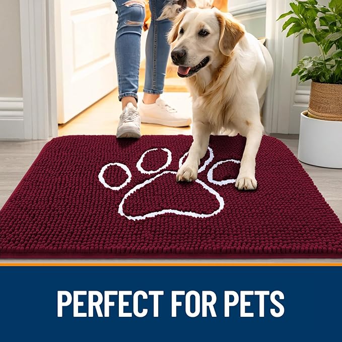 OLANLY Door Mat for Muddy Dog Paws 48x30, Ultra Absorbent Chenille Mud Doormat with Paw Print Design, Non-Slip Washable Doormat for Indoor Entryway, Quick-Dry Pet Bed Mats for Dirty Dogs, Burgundy