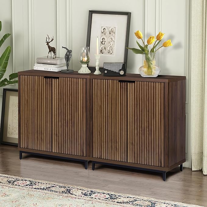 Buffet Cabinet with Storage Accent Sideboard Modern Credenza with 2 Doors & 3 Shelves Fluted Media Console for Living Room Kitchen Dining Room Hallway (Walnut)