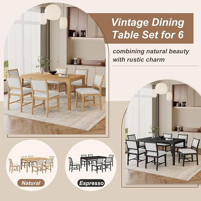 Merax 7 Pieces Retro Dining Set for 6, Rectangular Wood Dining Table with 6 Upholstered Chairs for Kitchen, Living Room, Natural