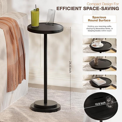 Drink Table, 24.4" Tall Compact Side Table with Phone Slot and Weighted Base, Durable Pedestal Table Accent for Living Room (Stepped Base, Black)