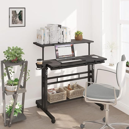 Mobile Standing Desk, Adjustable Rolling Computer Desk with 3 Desktops, Portable Laptop Table with Cup Holder, Home Office Laptop Workstation on Lockable Wheels, Black