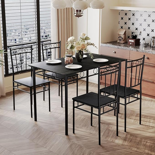 5 Piece Dining Table Set, Modern Metal&Wood Kitchen Dinner Table with 4 Chairs, Dining Room Table Sets for Small Spaces, Black
