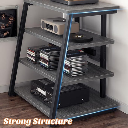 AV Media Stand with Outlets, Media Console with LED Lights, Stereo Racks and Stands with Storage Shelves, Media Audio Tower Stand, Light Grey Walnut