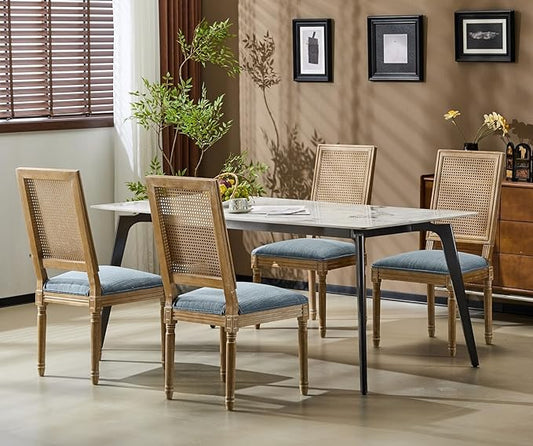 Merax Upholstered Solid Wood Dining Chairs Set of 4, French Country Style Accent Side Seating Furniture for Kitchen, Living Room, Wicker Back, Slate Blue