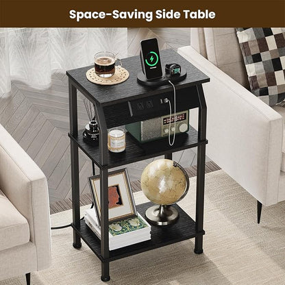 Tall End Table with Storage, 3-Tier Small Bedside Table with Charging Station, Narrow Side Table Stand, Space-Saving Nightstand for Living Room, Bedroom,Office, Black