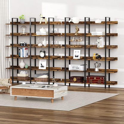 FRAPOW 83Inch Industrial Bookshelf and Bookcase, Double Wide 6 Tier Large Vintage Book Shelf with Metal Frame Open Bookshelves for Living Room Home Office