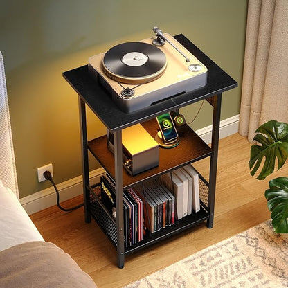 HOOBRO Record Player Stand with Charging Station and LED, Turntable Stand with Storage, 3 Tier End Table Hold Up to 100 Albums, Record Table for Vinyl, Living Room, Black BB06UDRS01