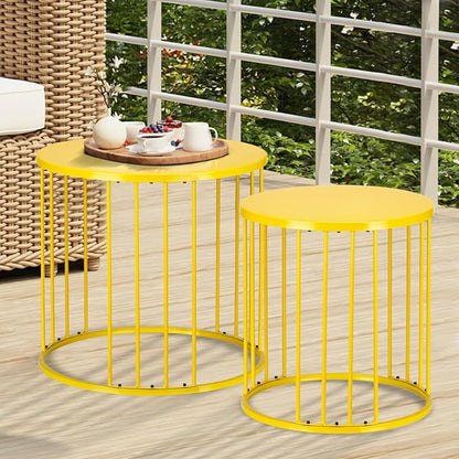 LEWIS&WAYNE Outdoor Side Table Set of 2, Metal Circle Accent End Tables for Balcony Backyard Garden Indoor Living Room, Durable Nesting Coffee Tables, 20”+16” Dia, Yellow