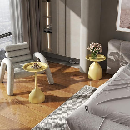 hitsuki Yellow Nesting Coffee Table Set of 2 Funky Colorful Round Metal End Side Tables for Living Room Sofa Retro Modern Pedestal nightstand Cute Matte Cream Yellow Side Table