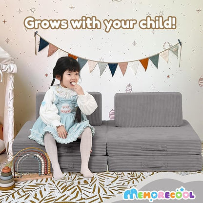 MeMoreCool Kids Couch for Playroom, Corduroy Convertible Toddler Couch, 8 Piece Modular Play Sofa, Foam Fort Building Set for Child Room Furniture, Light Grey