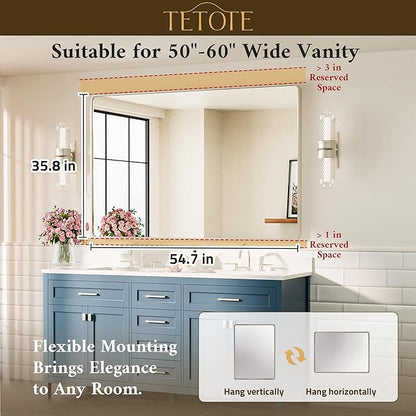 TETOTE 55 x 36 Inch Brushed Nickel Mirror Metal Framed Bathroom Mirror, Tempered Glass, Modern Farmhouse Wall Mounted Mirror for Decorative(Horizontal/Vertical)