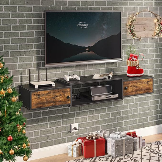 HOOBRO 55" Floating TV Stand with Power Outlet, Modern Wall Mounted Media Console Shelf Cabinet for Under TV Storage, Entertainment Center, Living Room, Bedroom, Rustic Brown and Black BF11DS01