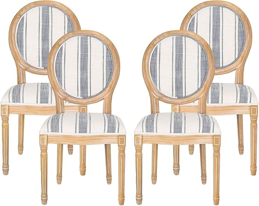 Christopher Knight Home Phinnaeus Dining Chair Set, Set of 4, Wood, Dark Blue Stripes + Light Beige + Natural
