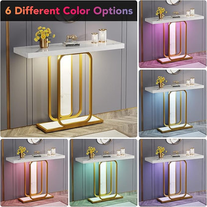 LITTLE TREE Modern Entryway Console Table with LED Lights, White and Gold