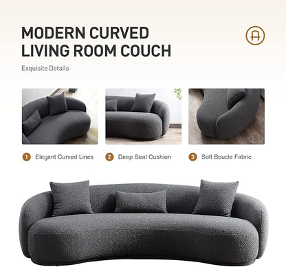 Acanva Mid Century Modern Curved Living Room Sofa, 4-Seat Boucle Fabric Couch for Bedroom, Office, Apartment, Grey