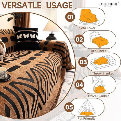 HANDONTIME Boho Couch Cover Geometric Striped Pet Covers for Couches and Sofas Copper Brown and Black Dog Cover for Couch Pet Friendly Chenille Sectional Sofa Covers for Pets Washable, 71" X 118"