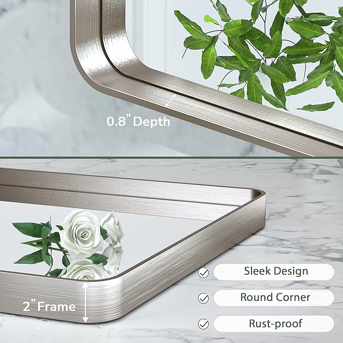TokeShimi 48x36 Brushed Nickel Bathroom Wall Mirror Vanity Metal Frame Round Corner Rectangular for Home Decor Living Room Entryway