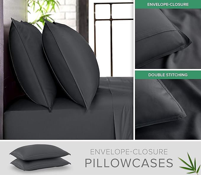 Split King Sheets by Pure Bamboo, Genuine 100% Organic Viscose Derived from Bamboo Bed Sheet Set, Soft & Cooling, Double Stitching *Not for Split Top (Split King, Charcoal)