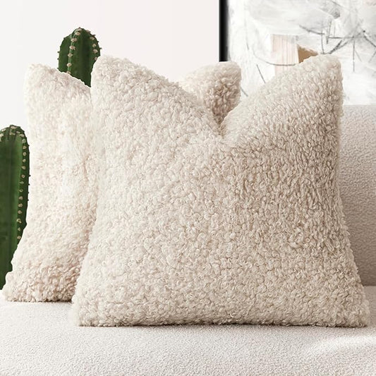 Foindtower 2 Pieces 24x24 Inch Neutral Cream, Faux Fur Throw Pillow Cover Accent Sherpa Pillow Fuzzy Soft Pillowcases Sheepskin Decorative Fleece Cushion Case for Bed Couch Living Room