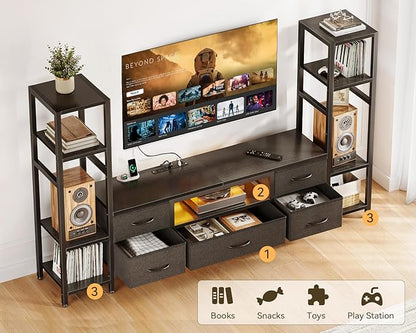 Casaottima 71" TV Stands for 43, 50, 55 Inch TV Entertainment Center with LED Lights and Power Outlets, TV Stand for Living Room with 5 Fabric Drawers & Shelf, TV Console Cabinet for Bedroom, Black