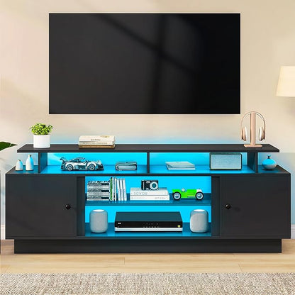 YITAHOME Modern TV Stand with LED Lights for up to 80 Inch TVs, Entertainment Center with Storage Cabinets & Movable Partition for Living Room (Black)