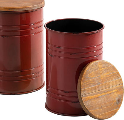 Glitzhome Farmhouse Accent Side Table, Metal Storage Stool Ottoman with Round Lid - Galvanized Coffee Cocktail End Tables Set of 2 for Living Room Bedroom, Red