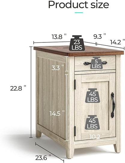 LINSY HOME End Table Set of 2 with Charging Station, Modern Farmhouse Sofa Couch Side Table, Wooden Bedside Table for Living Room Bedroom, Narrow Nightstand with Storage Cabinet for Small Space