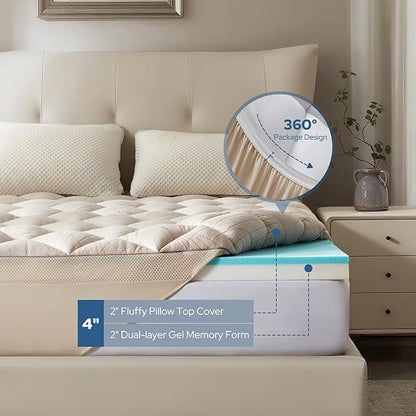 Bedlore 4-Inch Queen Mattress Topper for Back Pain - Dual Layer Medium Support (2" Gel Memory Foam + 2" Cooling Fluffy Pillow Top Pad), Breathable & Pressure Relief (Beige)