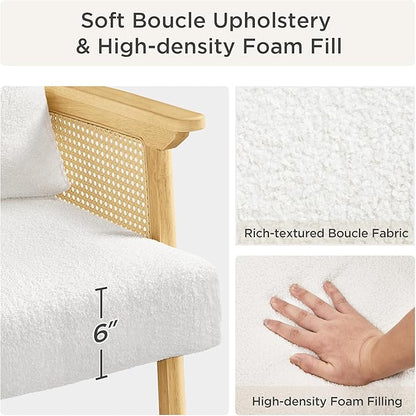 Yaheetech Accent Boucle Vanity Chair with Rattan Back Arms, Mid Century Upholstered Living Room Lounge Chair Bedroom Balcony White 2 PCS