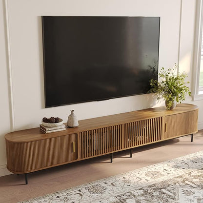 POVISON Sliding Tambour Door TV Stand, Mid Century Modern TV Console, Wood Media Console, Entertainment Center with Storage Cabinet, Fully-Assembled (Walnut, 118.11")