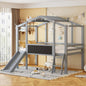 Ball & Cast Twin Size House Loft Bed with Ladder and Slide,Wood Bunkbed w/Blackboard and Light Strip on The Roof,Slat Support,Space Saving,Bedroom Furniture for Student Dorms,Gray