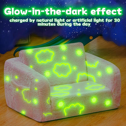 Lamerge 2-in-1 Soft Toddler Couch Fold Out,Foldable Toddler Chair, Glow in The Dark Kids Sofa for playroom,Convertible Foam and Floor Cushion for Boys and Girls (Pink and Clouds)