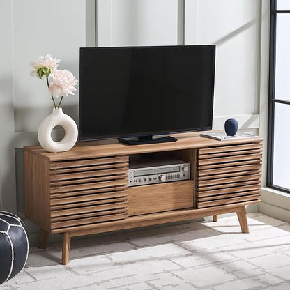 SAFAVIEH ESMA TV Stand for up to 60" Flatscreen – Oak Brown, Low Sideboard with 2 Sliding Doors, 1 Open Shelf, 1 Drawer, Entertainment Media Console (MED9638D)