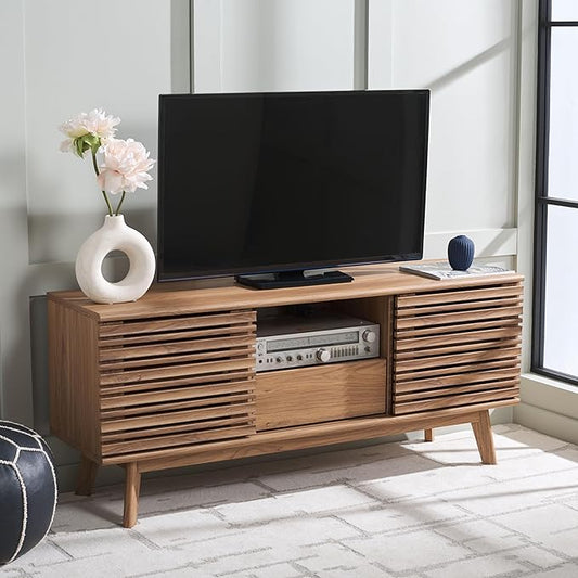 SAFAVIEH ESMA TV Stand for up to 60" Flatscreen – Oak Brown, Low Sideboard with 2 Sliding Doors, 1 Open Shelf, 1 Drawer, Entertainment Media Console (MED9638D)