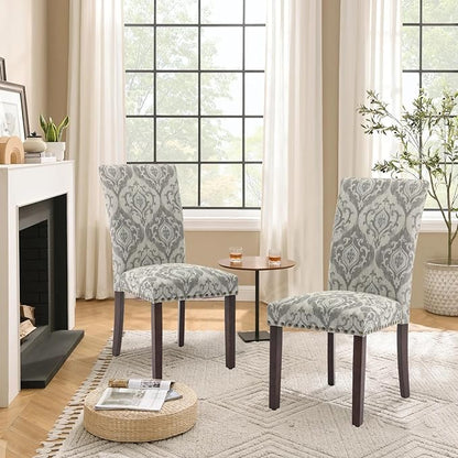 Parsons Dining Chairs Set of 2, Upholstered Nailhead Dining Room Kitchen Side Chair with Thick Cushions and Wood Legs, White/Grey