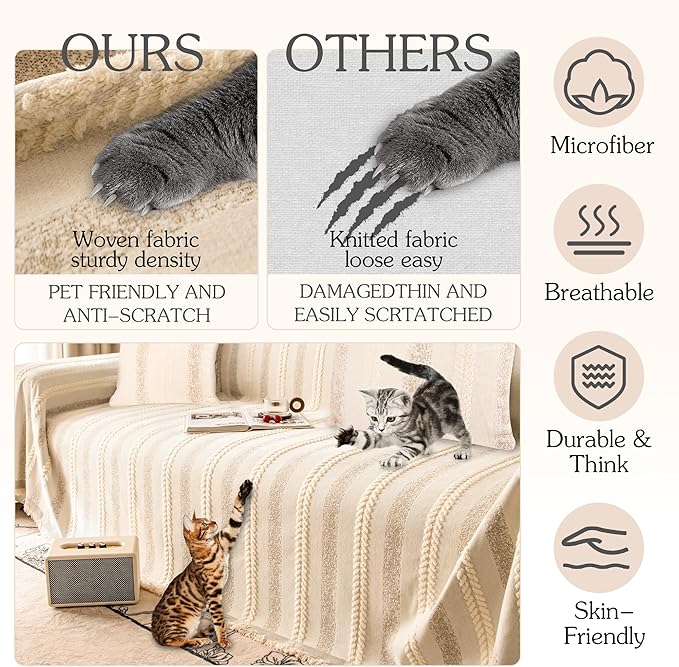 Couch Cover for Dogs Washable Sofa Cover, Sectional Couch Covers, Sofa Covers for 2 Cushion Couch, Non Slip Stripe Sofa Slipcovers Furniture Protector, Couch Protector from Cat Claws, Beige,75''x134''