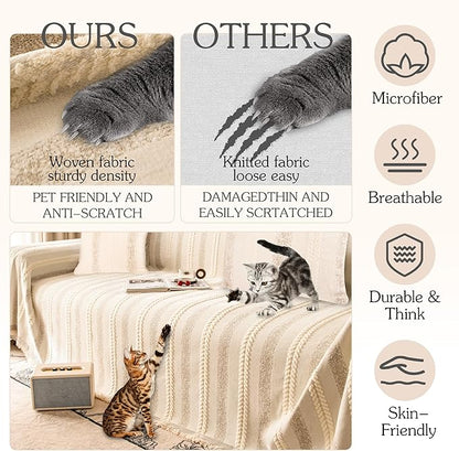Couch Cover for Dogs Washable Sofa Cover, Sectional Couch Covers, Sofa Covers for 2 Cushion Couch, Non Slip Stripe Sofa Slipcovers Furniture Protector, Couch Protector from Cat Claws, Beige,75''x134''