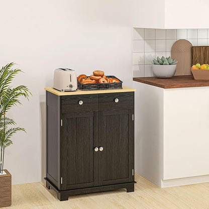 HOMCOM Sideboard with Solid Wood Countertop, Modern Kitchen Storage Cabinet, Coffee Bar Cabinet with 2 Drawers, Doors and Adjustable Shelf, Distressed Black